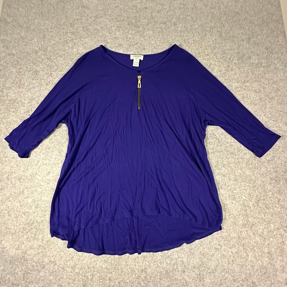 Carmen Marc Valvo Top Woman 1X Purple Blue 3/4 Sleeve Quarter Zip